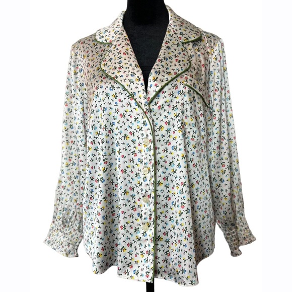 Morgan Lane Anais Long Sleeve Floral Confetti Silk Night Shirt Size Women Large - Picture 2 of 11
